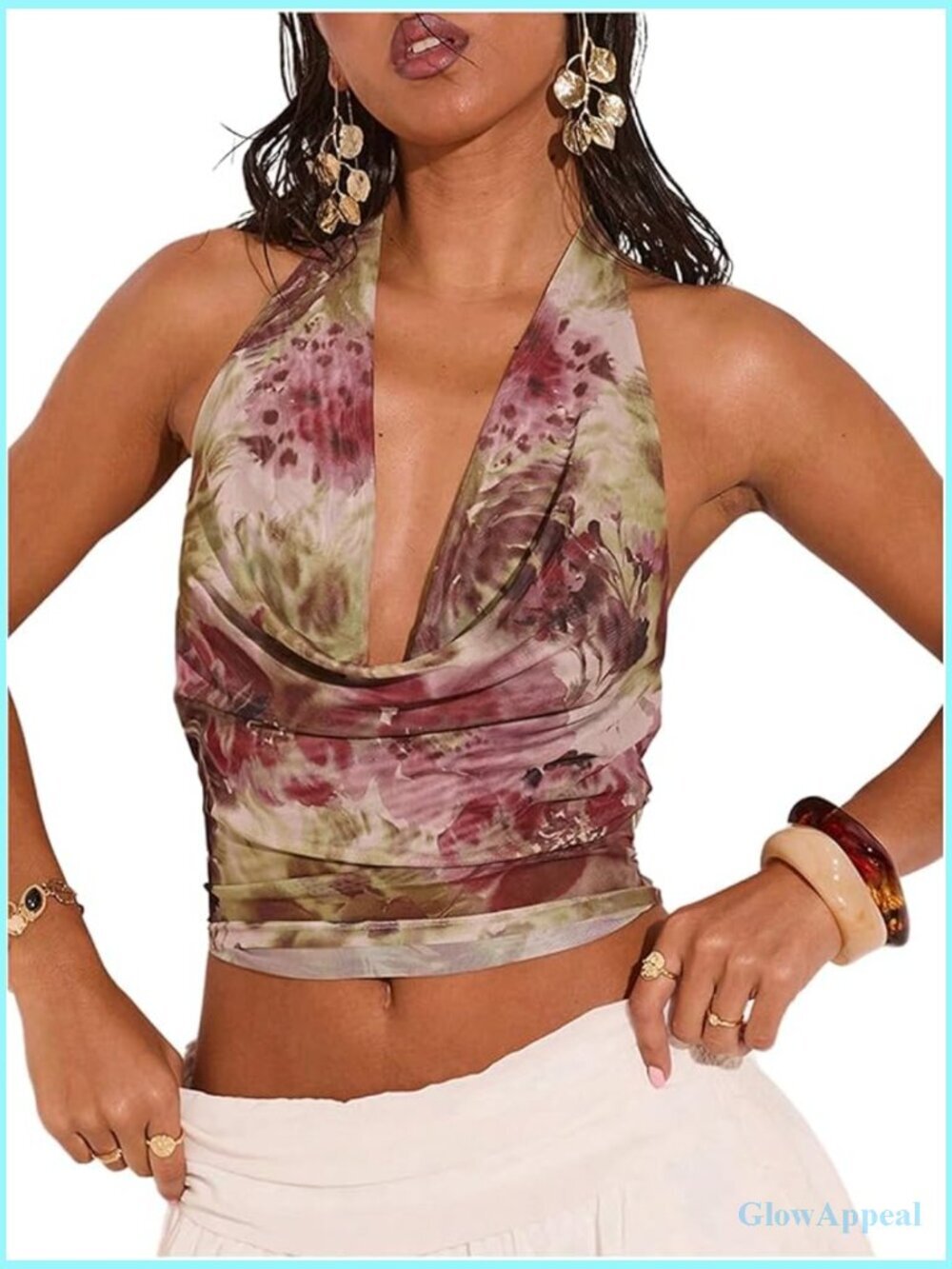 Cowl Neck Halter Top Mesh Florals Backless Crop Tank